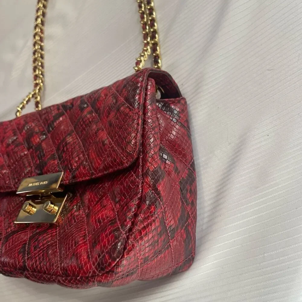 Michael Kors Sloan Red Leather Snakeskin Print Purse